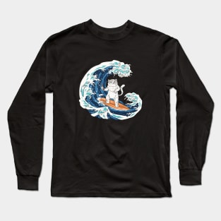 cat surfing, cat surfing, surfs up cat, cat on surfboard, cat riding waves, Long Sleeve T-Shirt